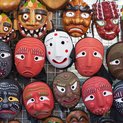 SEOUL, SOUTH KOREA - AUGUST 14, 2015: Korean wooden masks in Insadong, Seoul, South Korea on August...