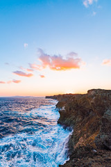 Sunrise, sea, cliffs, seascape. Okinawa, Japan.

