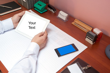 in office / Businessman working - manager works in the office until late hours with documents,
office work,
