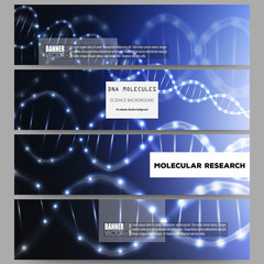 Set of modern vector banners. DNA molecule structure on dark blue background. 