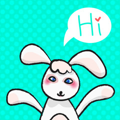 Greeting card with white Easter rabbit. Funny bunny. Easter Bunny.