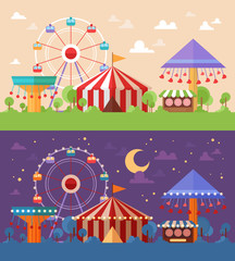 Flat Retro Funfair Scenery with amusement attractions