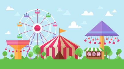 Flat Retro Funfair Scenery with amusement attractions and carousels in colorful cartoon vintage style