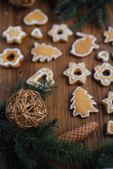 Christmas cookies lying on the table with presents