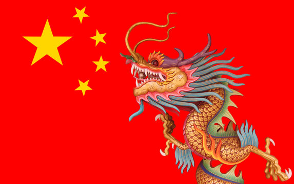 Fototapeta dragon on china flag background