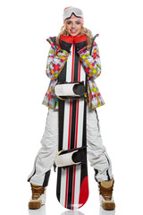 Girl with snowboard in studio on isolated background.