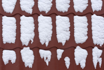 Snow on red metal roof texture.