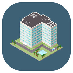 Isometric vector illustration of an office building.
Isometric modern commercial office building. For use in any city or urban environment.