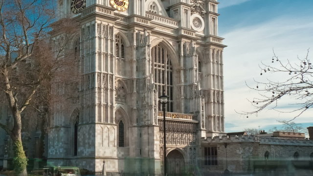 Time-lapse of Westminster Abbey under a blue sky in London. Cropped.