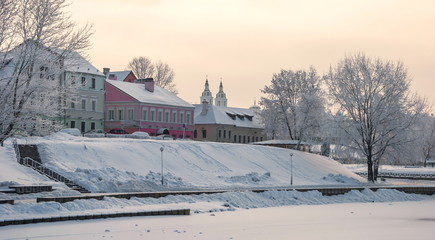 Embankment Trinity suburb in Minsk winter in the evening