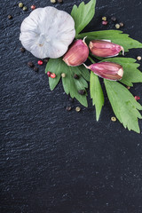 Garlic. Fresh Garlic. Cloves of garlic with parsley herb top leaves and pepper four colours.