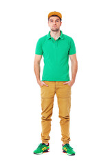 Portrait of young man posing in studio isolated on white.