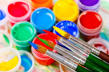 Brushes, paints, pencils for drawing