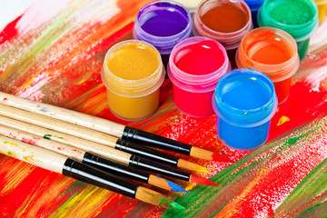 Brushes, paints, pencils for drawing