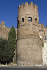 Architectural close up of the tower of Porta San Paolo Gate in Rome, Italy