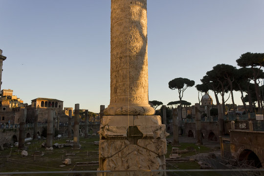Architectural close up of the bottom of Trajan column in Rome, Italy