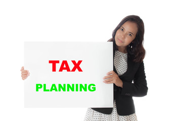 Asian business woman holding a banner with tax planning text iso