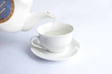 White tea cup with white tea on white background