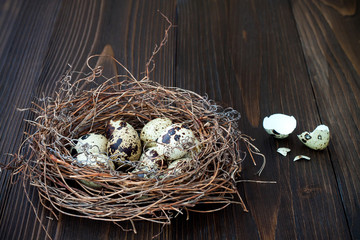 Obraz premium Easter eggs in the nest on rustic wooden background. Copy space, empty space for text. Selective focus