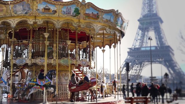 Eiffel tower Slow motion carousel, Paris - 1080p. Slow motion of a famous carousel in front of Eiffel tower - 1080p