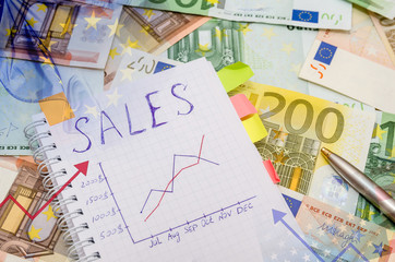 Notebook with sale word above euro bills  background and coins