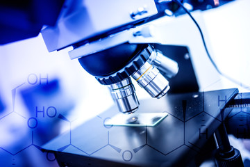 close-up of laboratory microscope, tools and probes. Scientific and health care research equipment