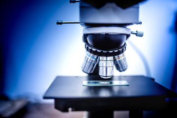 close-up details of industrial scientific microscope used in medical, chemical and biochemistry...