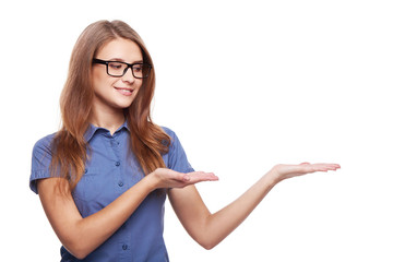 Smiling business woman showing open hand palm