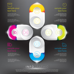 Abstract info graphic. Glossy and colorful on the black panel. Use for business concept. 4 parts concept. Vector illustration. Eps10.