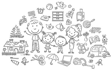 Family life set, black and white outline