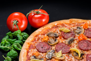 closeup Tasty pizza with tomatoes, mushrooms, sausage, basil and