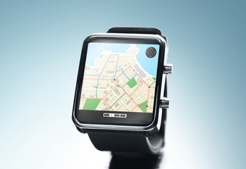 close up of smart watch with gps navigation app