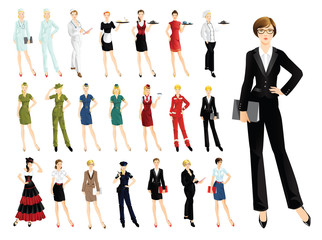 Set of professional woman isolated on white background. Woman in uniform. Professor, business woman, worker, military, stewardess, doctor, waitress, maid, secretary, engineer, policewoman