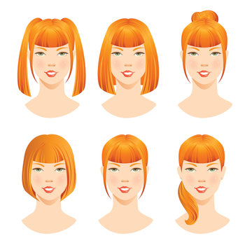 illustrations of beautiful redhead girls with various hair styles. Different hairstyles with bangs. 