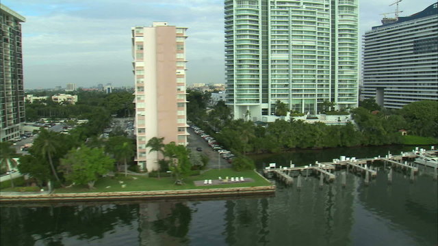 Aerial shot of a marina and hotels in Miami.