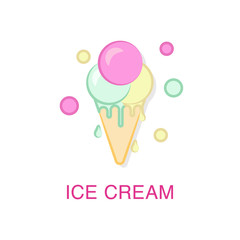 Melting ice cream in a waffle cone with 3 different scoops. Summer heat illustration