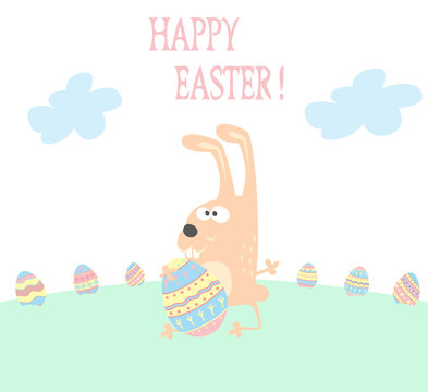 Banner for design posters or invitations on Happy Easter's Day with cutest rabbit and hand drawn decorated eggs. Vector illustration.