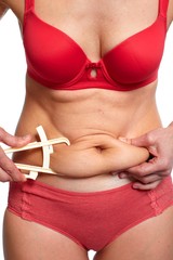 Woman measuring fat belly.