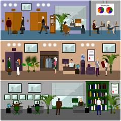 Flat design of business people or office workers. Business presentation and meeting. Office interior.