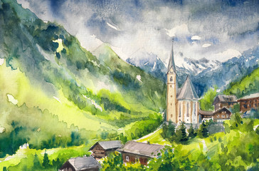 Watercolor painted illustration of village Heiligenblut at the foot of the Alps in Austria - obrazy, fototapety, plakaty
