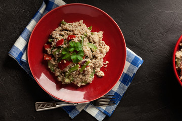 Salad couscous with tuna, bell pepper, cucumber, red onion and green beans