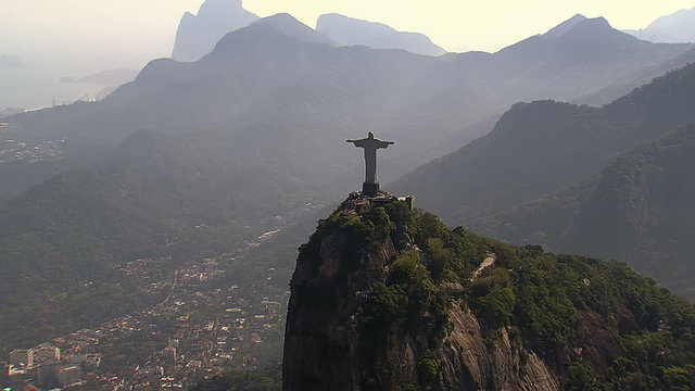Aerial zoom in view of Christ the Redemeer Statue, Rio de Janeiro, Brazil