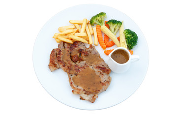 Grilled pork steak with vegetable on dish, BBQ Steak, Healthy Fo