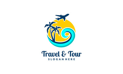 Obraz premium sun, cloud, landscape, palm, wave, travel, tour, vector logo design 3