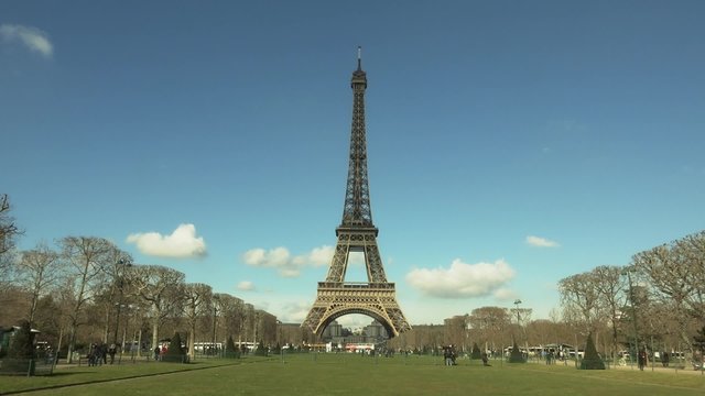 Eiffel Tower champ de mars view - 1080p. Front view Eiffel Tower from Champ-de-Mars on sunny day  - 1080p