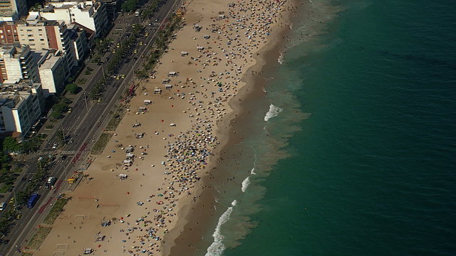 Aerial view of people on Ipanema Beach, Rio de Janeiro, Brazil