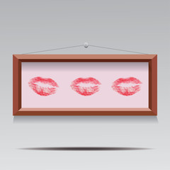 vector illustration of three lipstic kisses in wooden frame