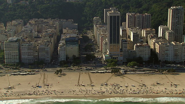 Aerial close up view of Copacabana Beach traffic, Rio de Janeiro, Brazil