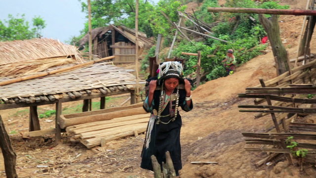 indigenous tribal native Akha woman carry water in bamboo stick
