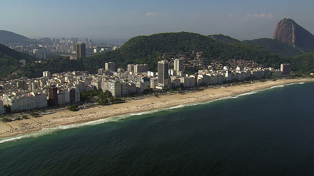 Aerial zoom in view of Copacabana Beach, Rio de Janeiro, Brazil. 
